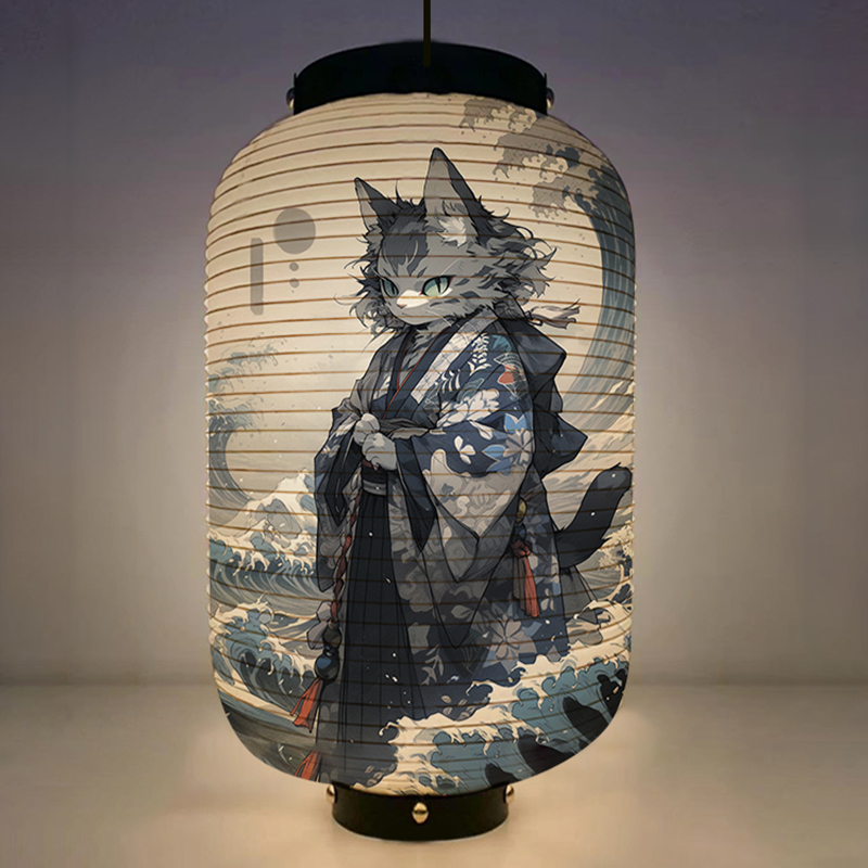 Japanese Lantern Paper - 사무라이 고양이 아트 패턴 랜턴, 일본